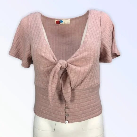 Free People Beach Black Rib Knit Button Up Tie Front Crop Top Women's Size M - Picture 7 of 8